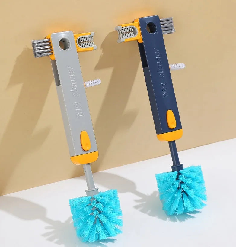 Blue and grey 4-in-1 multifunctional cup cleaning brush set with silicone head and wire gap cleaner.