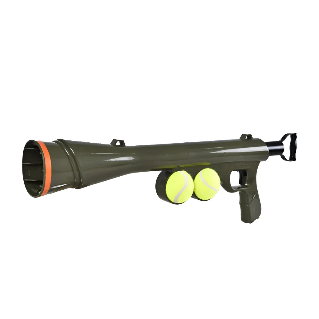 Black ABS plastic tennis ball launcher gun for dogs with two tennis balls
