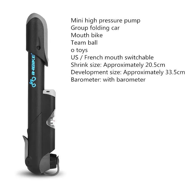 Black bicycle mini pump 18cm with round handle and aluminium alloy valve head on frame bracket