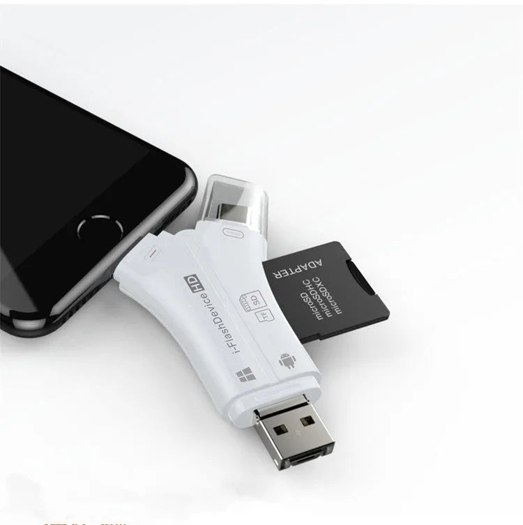 White NK908 4-in-1 SD card reader with Lightning, USB-C, Micro USB and USB ports on a wooden table.