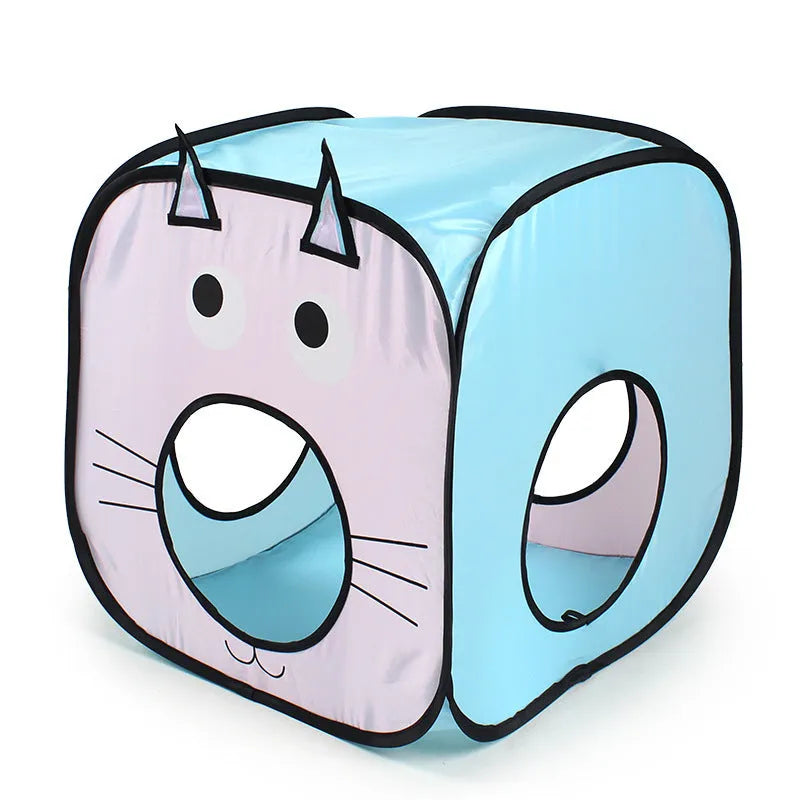 Foldable pet tent cat tunnel with cat and fish design for indoor pet play