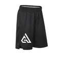 Black polyester basketball shorts with printed pattern, elasticated waist, sizes M to 3XL