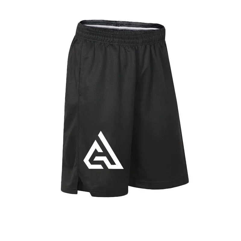 Black polyester basketball shorts with printed pattern, elasticated waist, sizes M to 3XL
