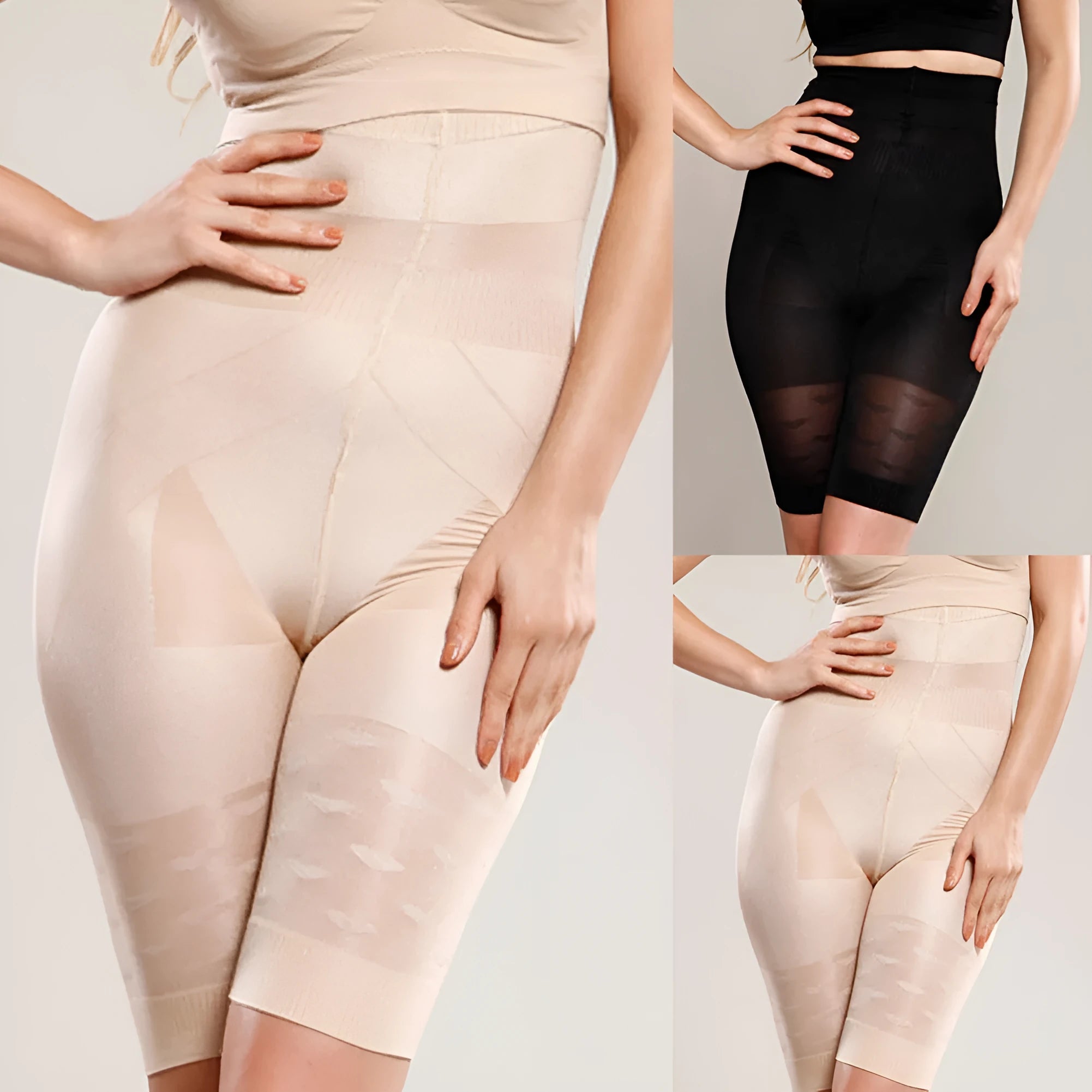 Black high-waisted seamless shapewear shorts for women on a hanger.