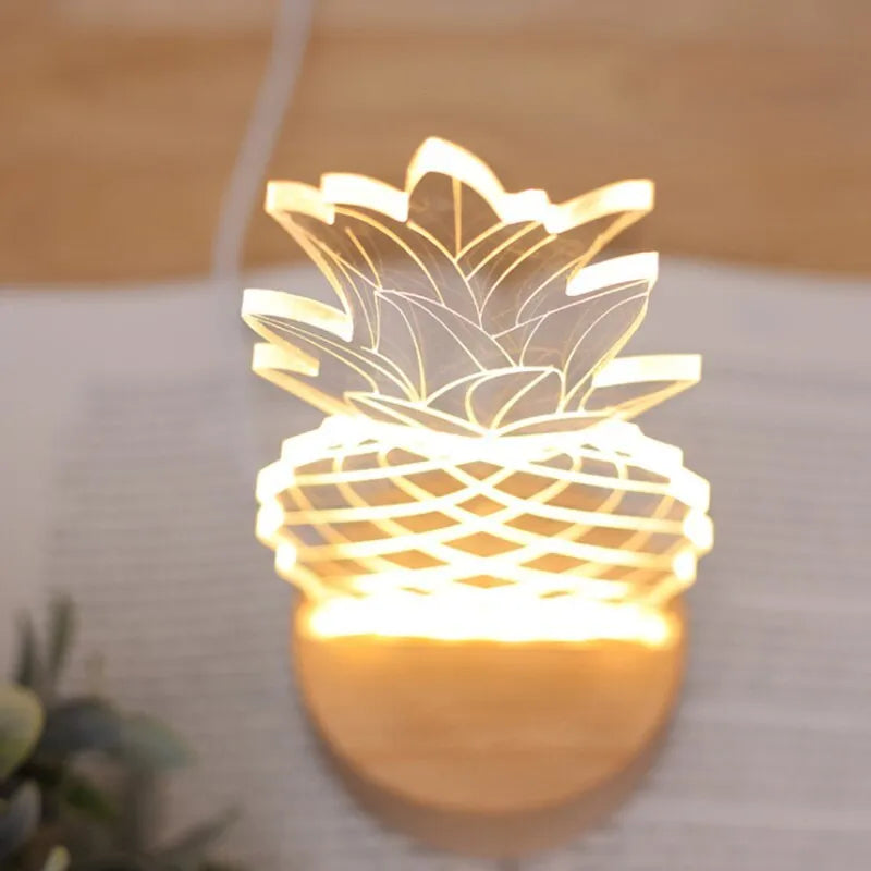 Pineapple-shaped dimmable bedside table lamp with wood and acrylic construction on a nightstand.