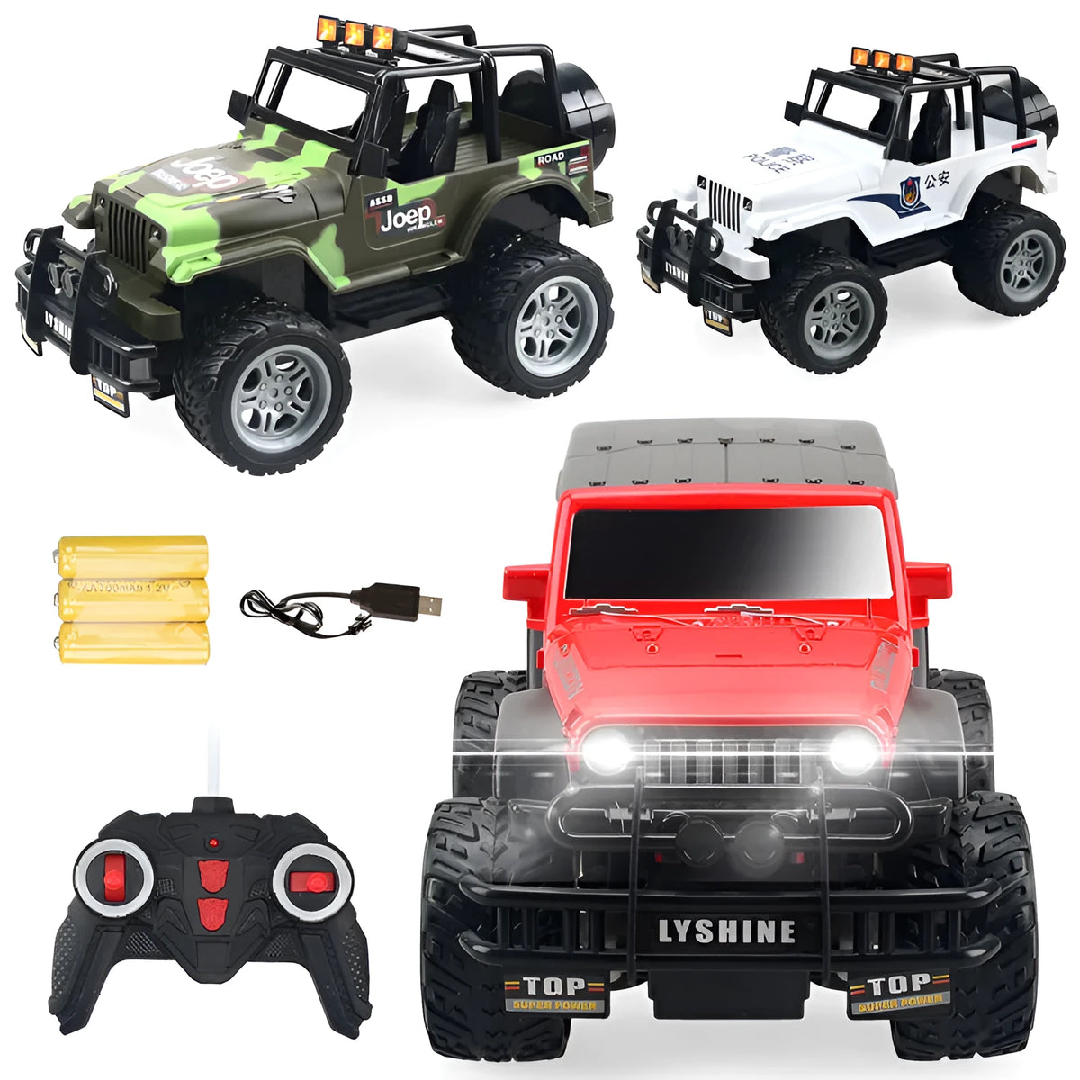 Children's four-way remote control car in green SUV style with flashing lights on a white background