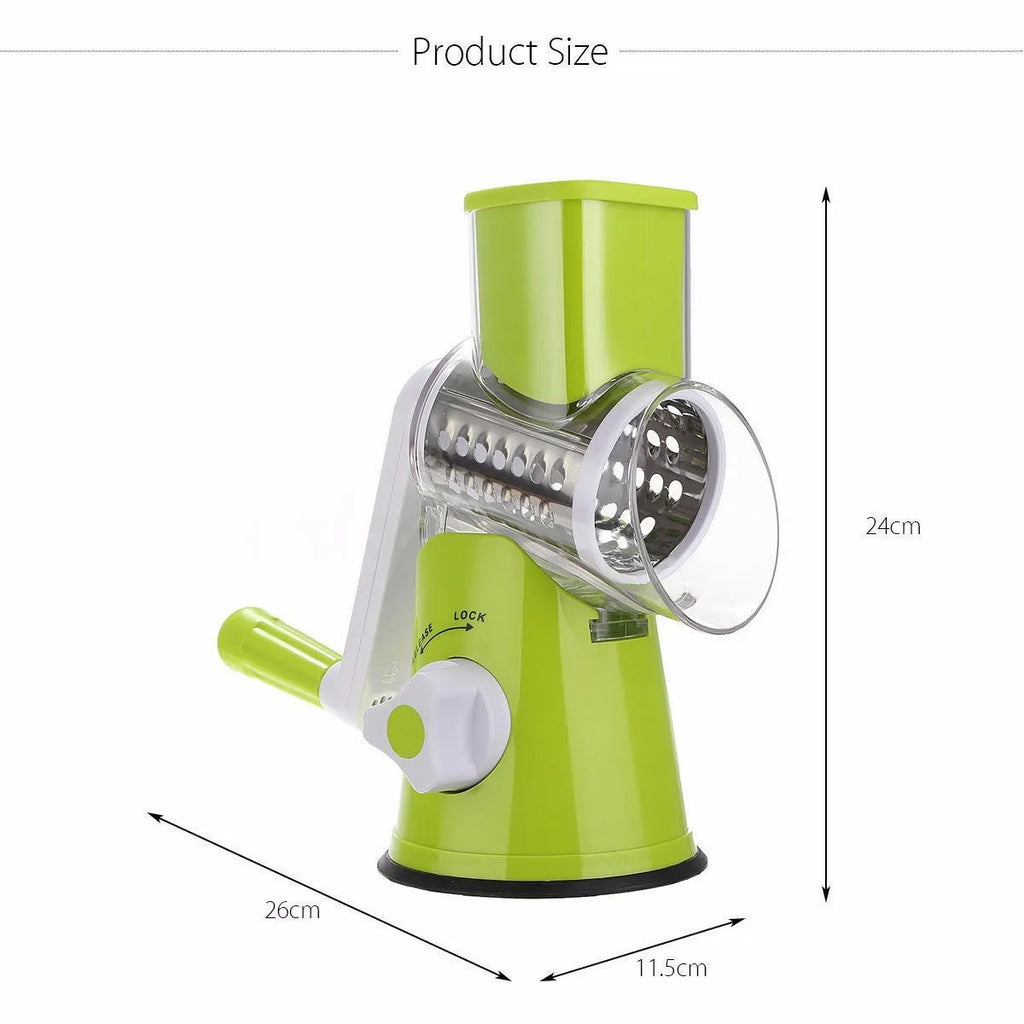 Round vegetable mandoline slicer with stainless steel blades and suction base in green colour