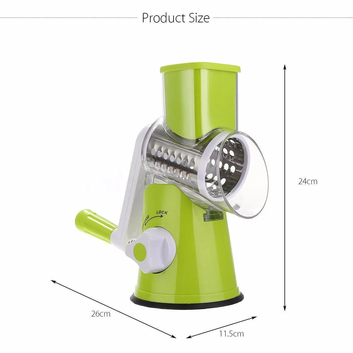Round vegetable mandoline slicer with stainless steel blades and suction base in green colour