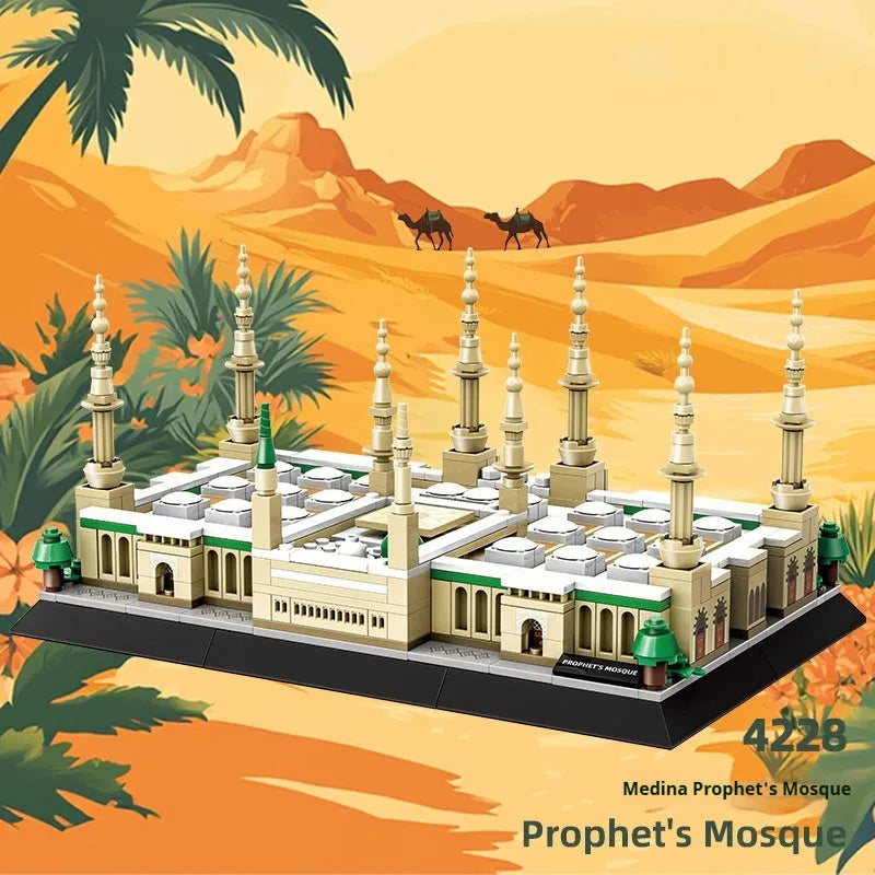 Plastic building blocks set forming a mosque model with minarets and domes, 1129-1463 pieces for teenagers