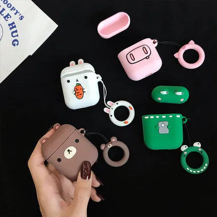 Cartoon earphone box cover for wireless earbuds case in pink pig nostrils design, front view