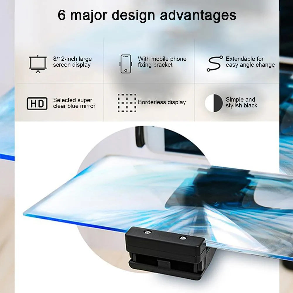 Black mobile phone screen amplifier with 12-inch blue lens on an adjustable, foldable stand.