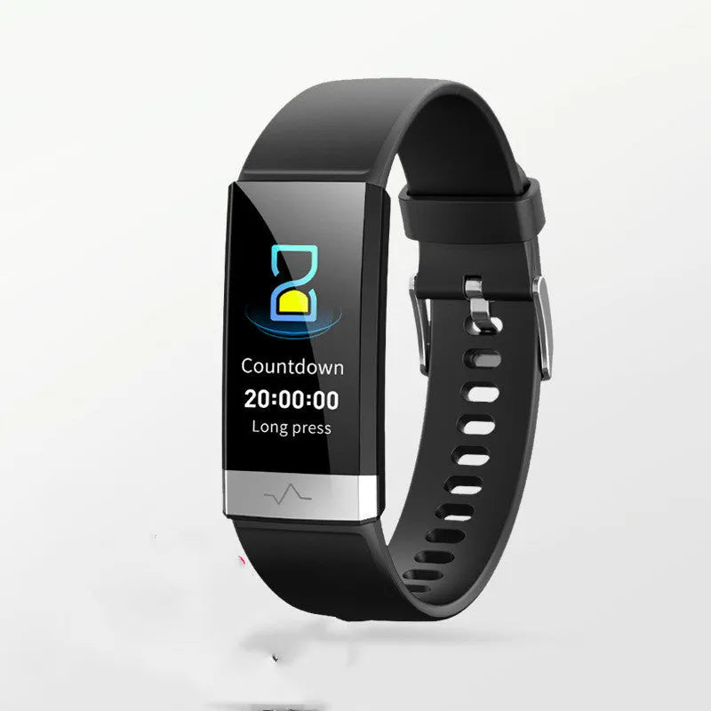 V19 smart health monitoring bracelet with colour display showing ECG and SpO2 readings on wrist