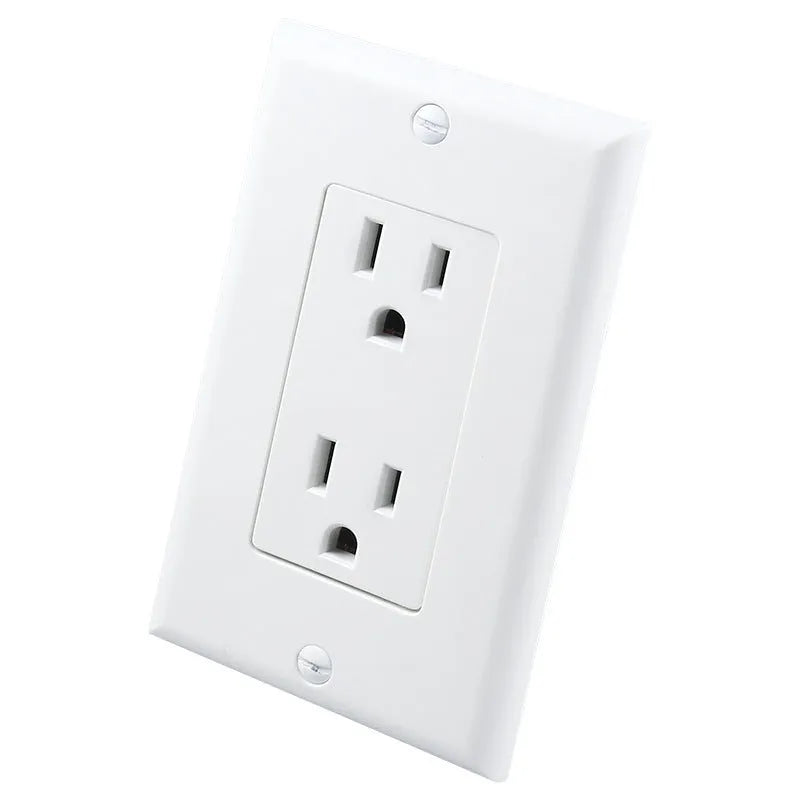 White plug-in socket induction LED night light with automatic sensor installed on a wall outlet.