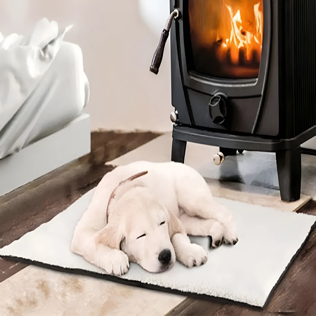 Beige self heating pet blanket with faux lambswool surface, available in 640x490mm and 900x640mm.