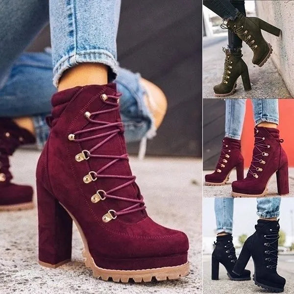 Women's suede high heel boots with thick 8cm heels, round toe, and buckle accents in army green colour