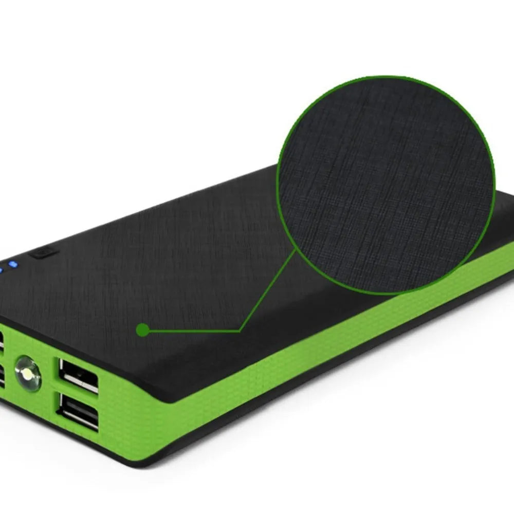 Red 20000mAh power bank showing dimensions and USB ports for charging phones and tablets.