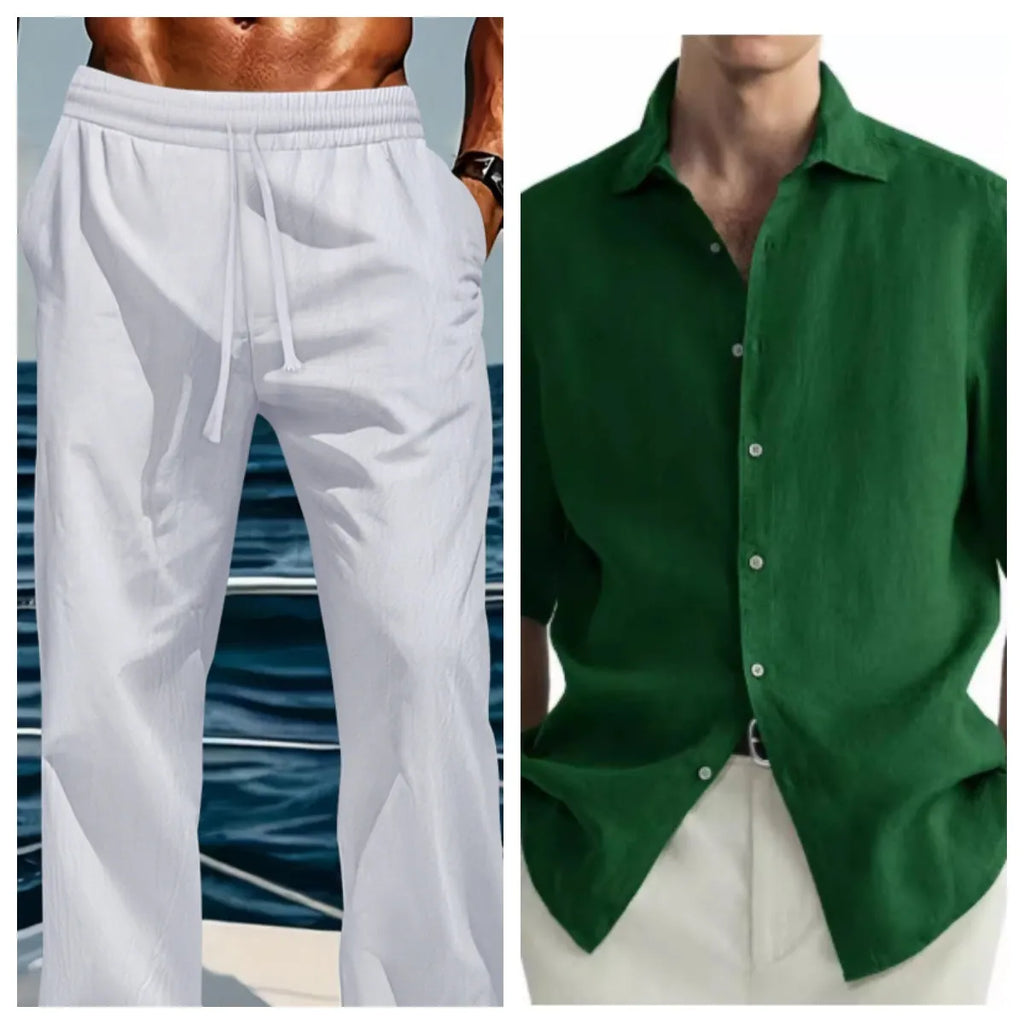 Man wearing a green washed cotton casual cardigan-style shirt.