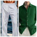 Man wearing a green washed cotton casual cardigan-style shirt.