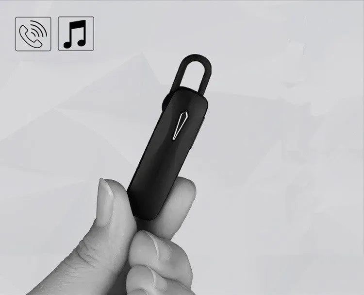 M163 black and white car Bluetooth headset for hands-free calls and music with selfie control.