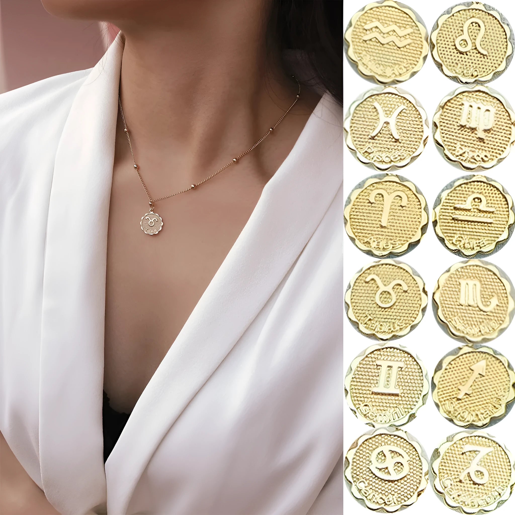 Gold plated metal zodiac constellation pendant necklace with bead chain on white background