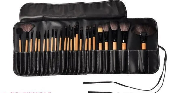 24 professional makeup brushes with wooden handles in a PU gift bag including eyebrow, powder and eyeshadow tools