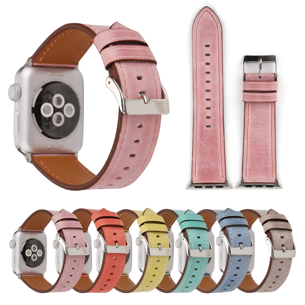 Genuine leather watch strap with a folding buckle in various colours on a grey background.