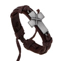 Brown leather cross bracelet with alloy accent, adjustable drawstring, vintage style on wrist