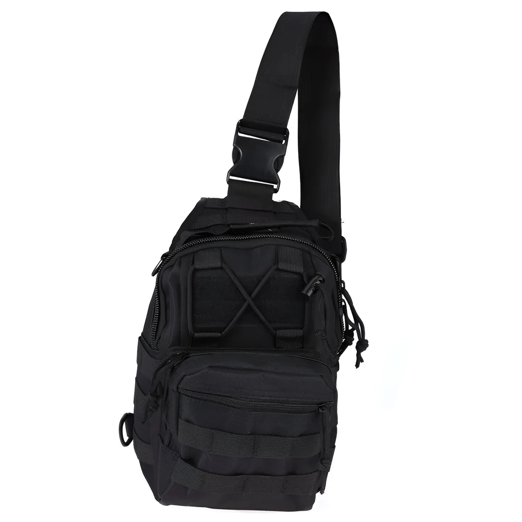 Small green camouflage tactical backpack with MOLLE webbing on front, carried crossbody.