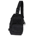 Small green camouflage tactical backpack with MOLLE webbing on front, carried crossbody.