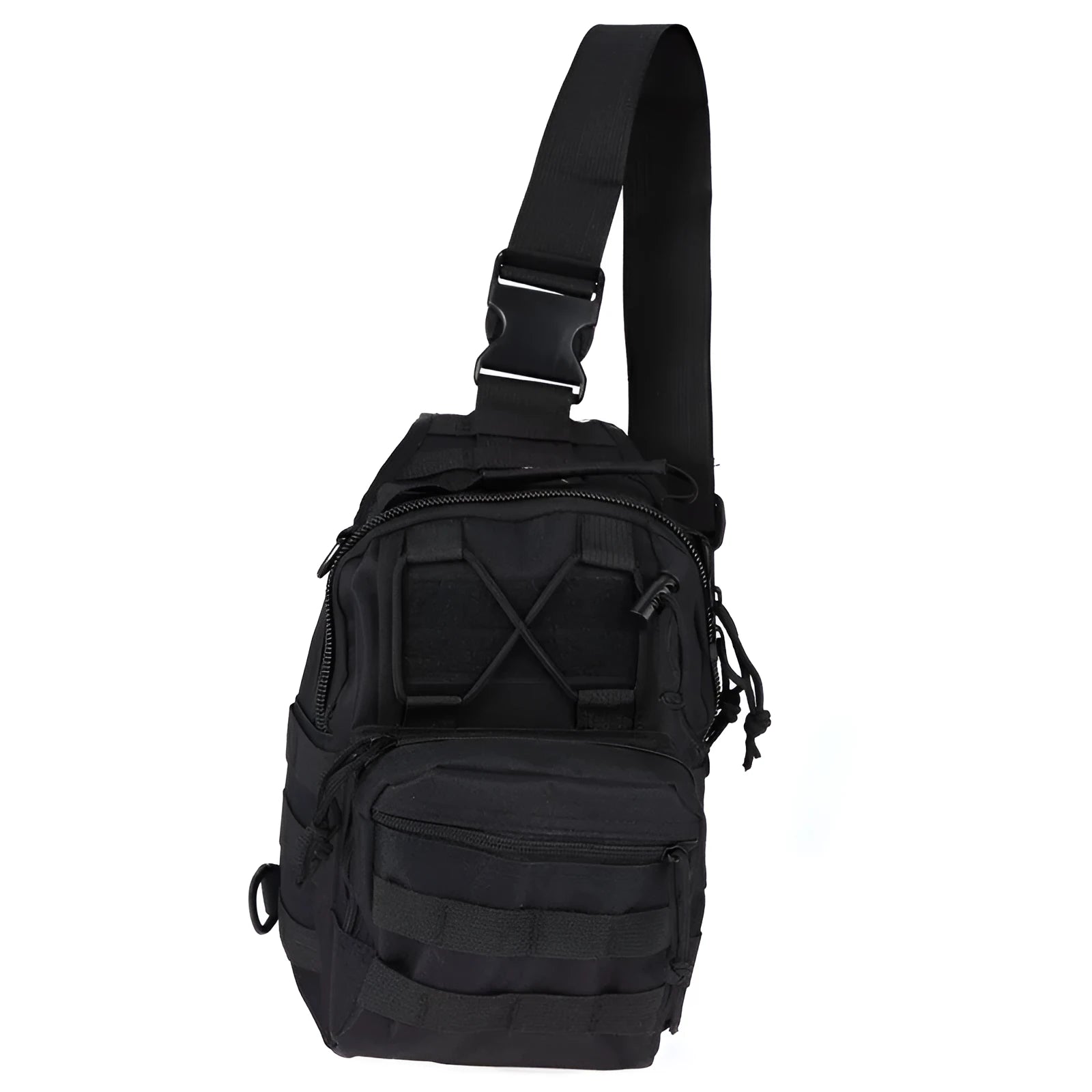 Small green camouflage tactical backpack with MOLLE webbing on front, carried crossbody.