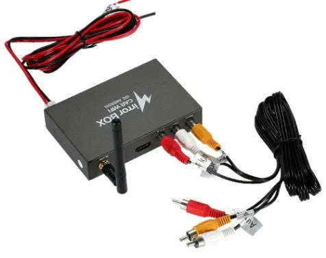 Black car mirror link box Wi-Fi converter with power cable, antenna, and AV cable for smartphone screen mirroring.