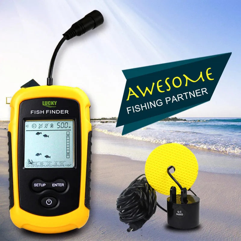 Yellow wired fish finder with 200KHZ sonar, 73m depth range, multi-language display