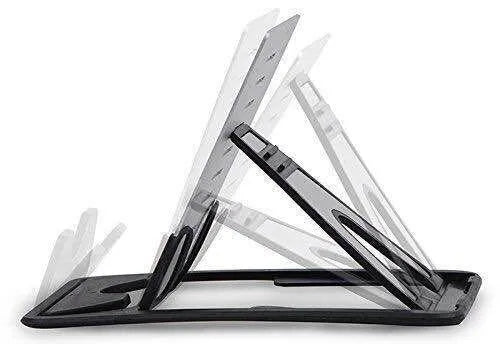 Black card phone holder measuring 8.5cm by 5cm on desktop surface