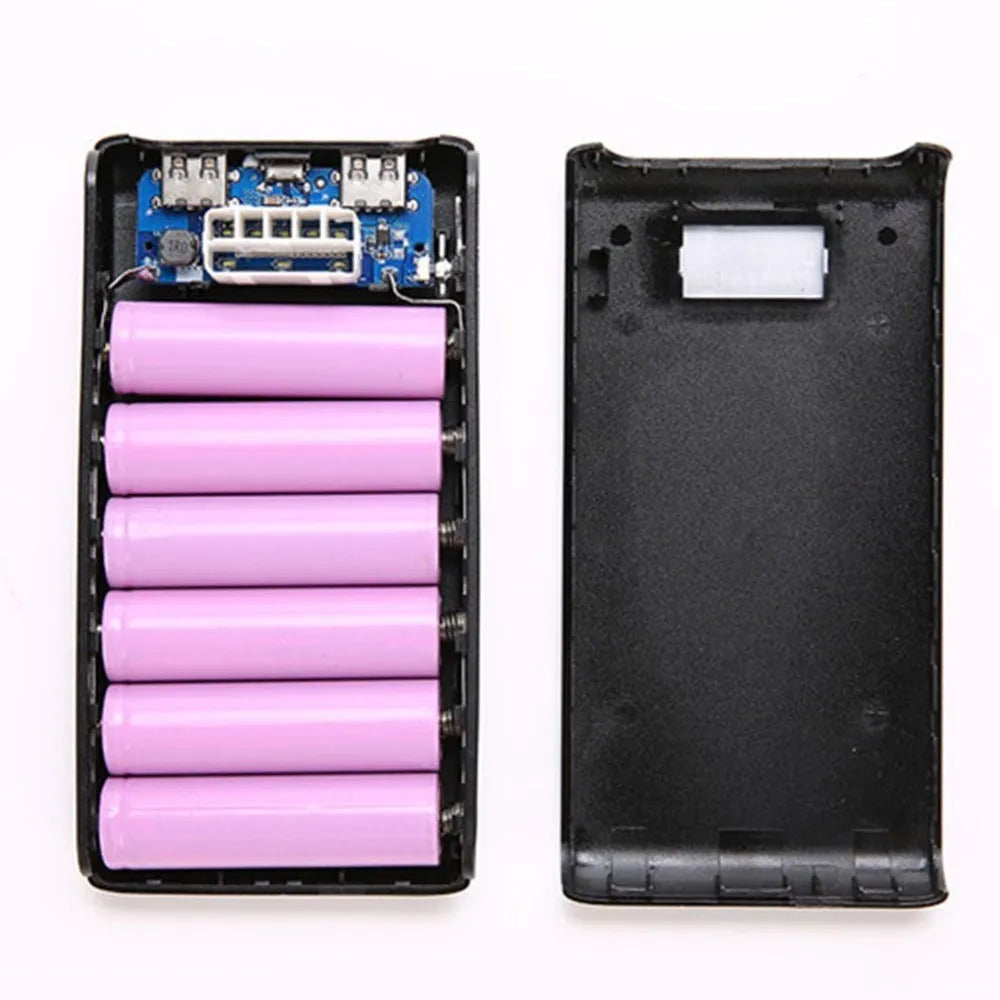 C9 DIY 18650 power bank case in black and white, showing six battery slots and dual USB ports.