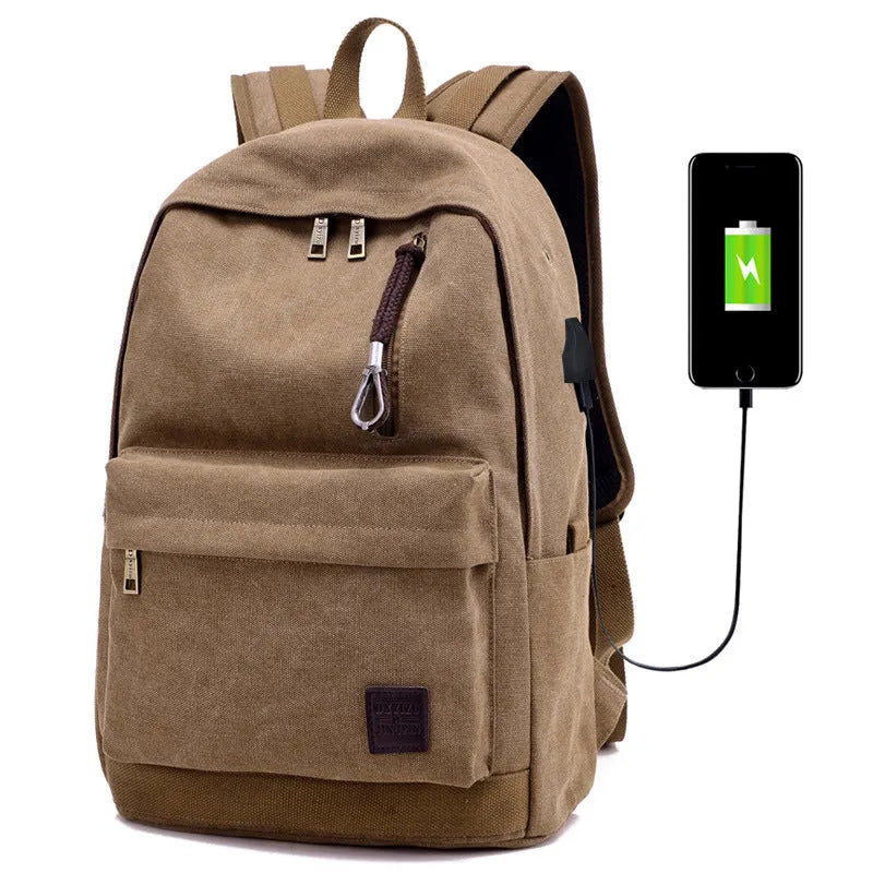 Canvas backpack with USB charging port and multiple compartments including separate laptop pocket