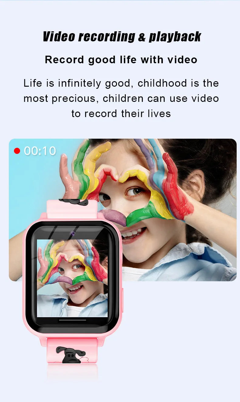Children's telephone watch with touch screen, 1.54 inch IPS display, silicone strap in pink, blue, and black