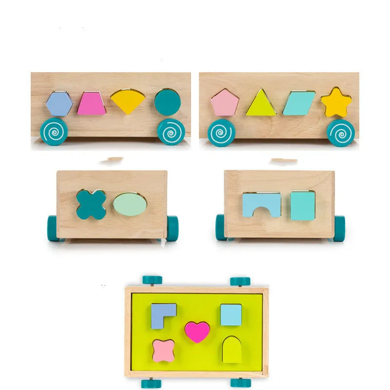 Wooden geometric shape sorter on wheels with colourful cubes and 17 holes for toddlers age 3 plus