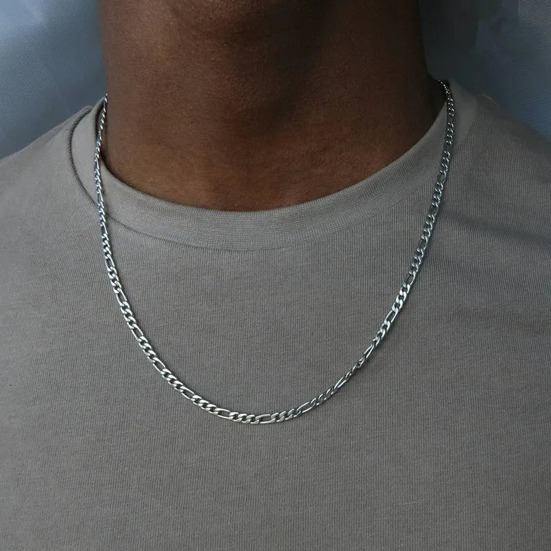 Men's alloy geometric necklace in gold finish, 50cm length, on a flat surface