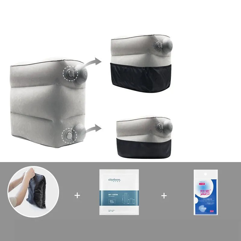 Inflatable foot pad in gray with push-on inflation mechanism and three-layer storage bag for travel and office use