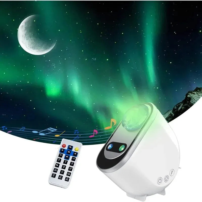White ABS galaxy star projector lamp with remote control projecting Northern Lights aurora and stars on a dark wall