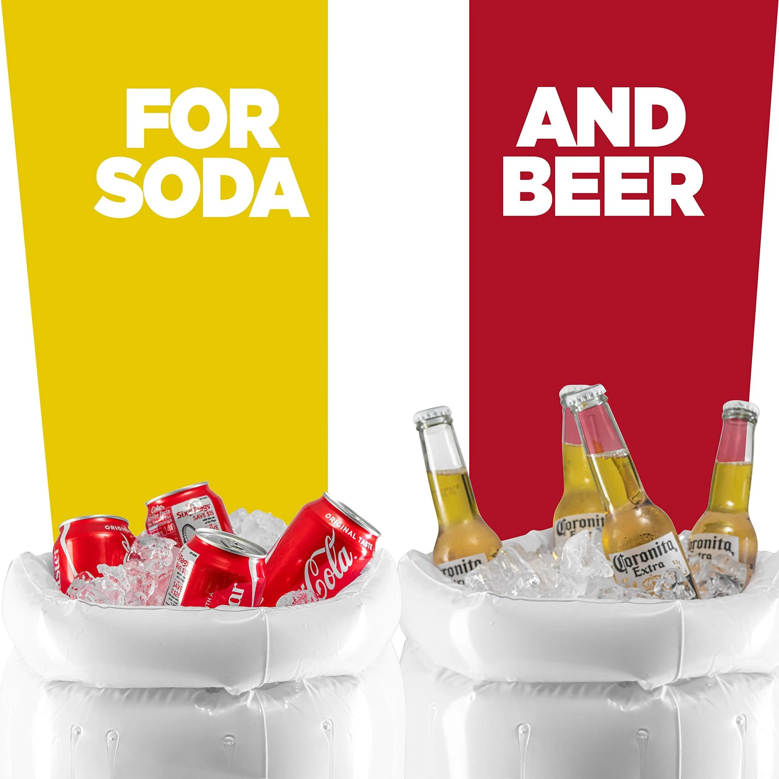 Yellow inflatable beer mug cooler floating in pool with drinks inside