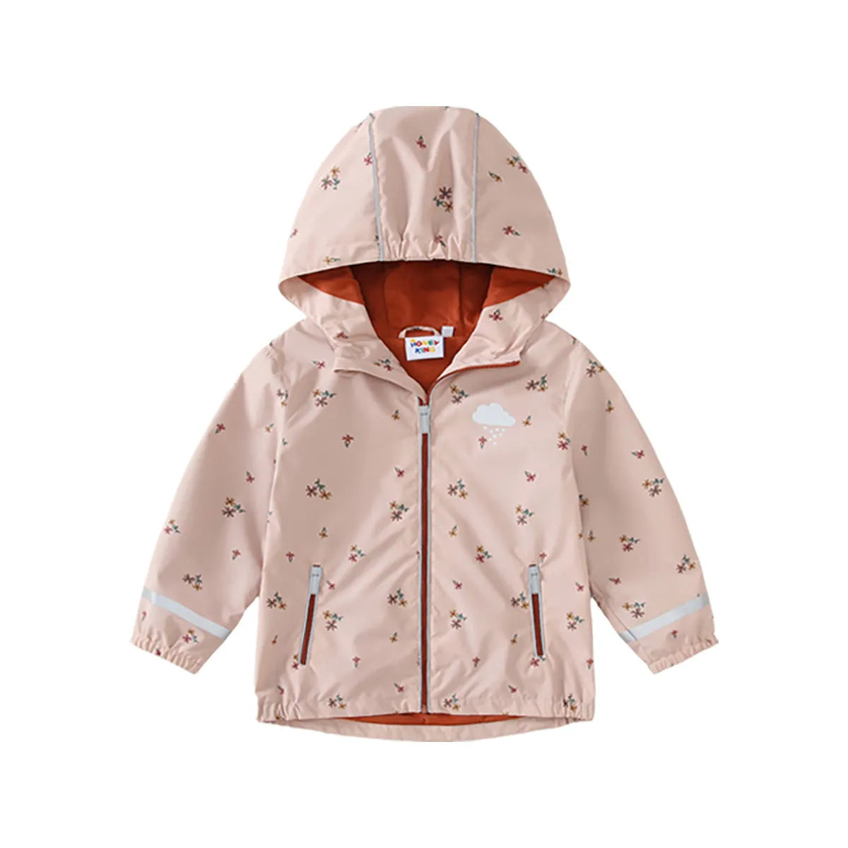 Pink floral children's rain jacket and pants set with hood, reflective details, and loose fit on a child outdoors