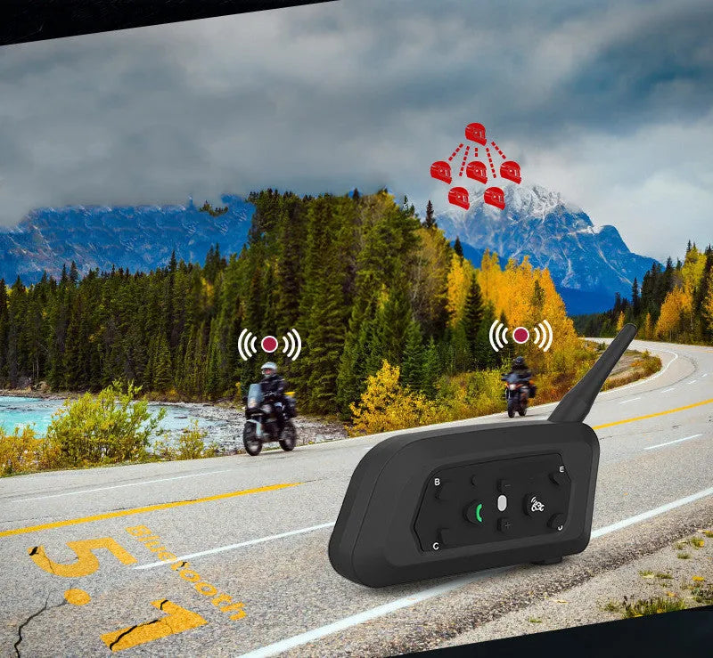 V6 Pro motorcycle Bluetooth intercom unit with mounting clip and headphones