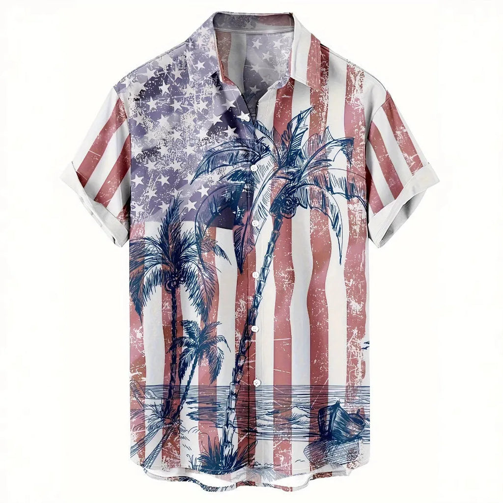 Man wearing a loose-fit floral print short sleeve cardigan-style shirt.