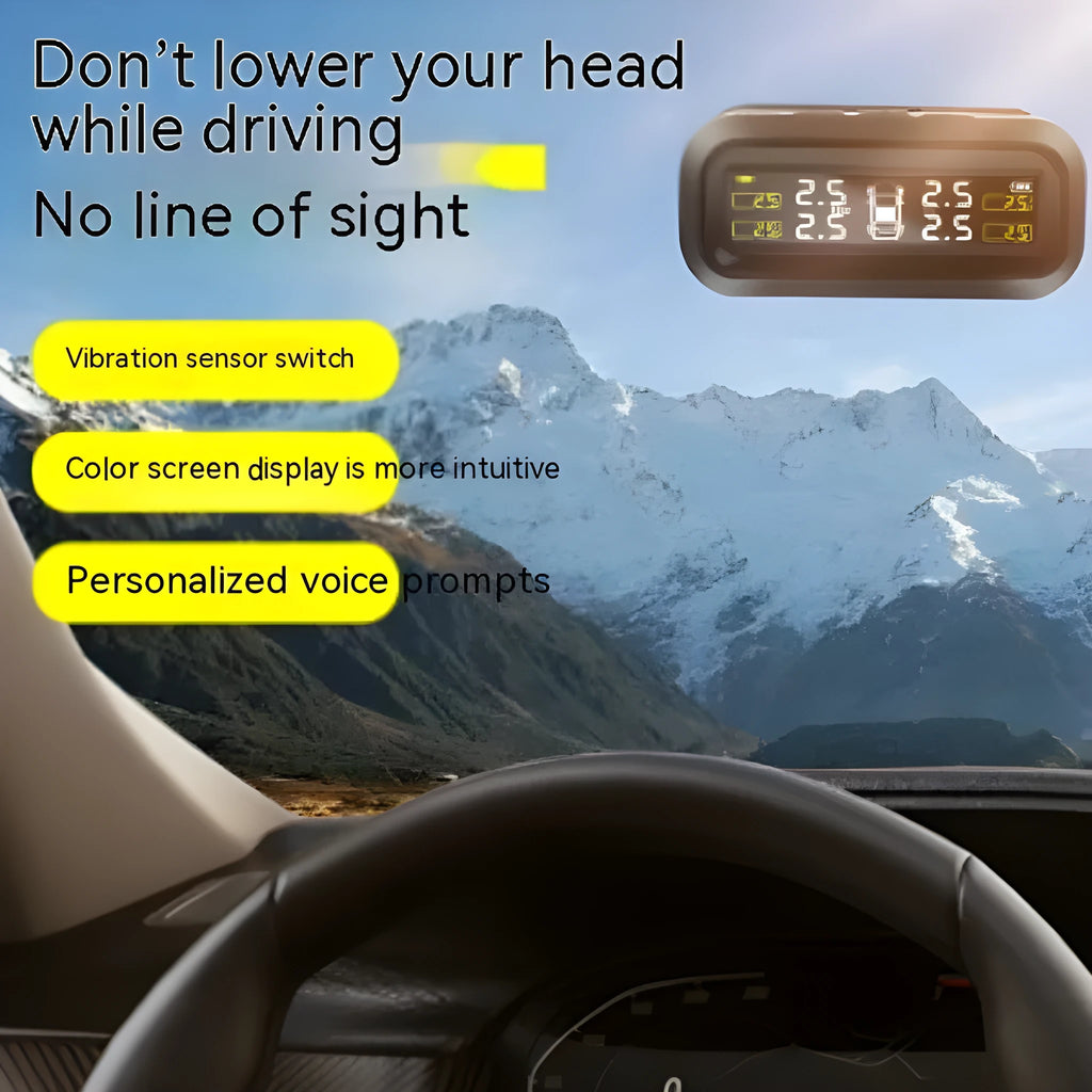 Solar wireless car tyre pressure monitoring system with colour screen display and four external sensors.