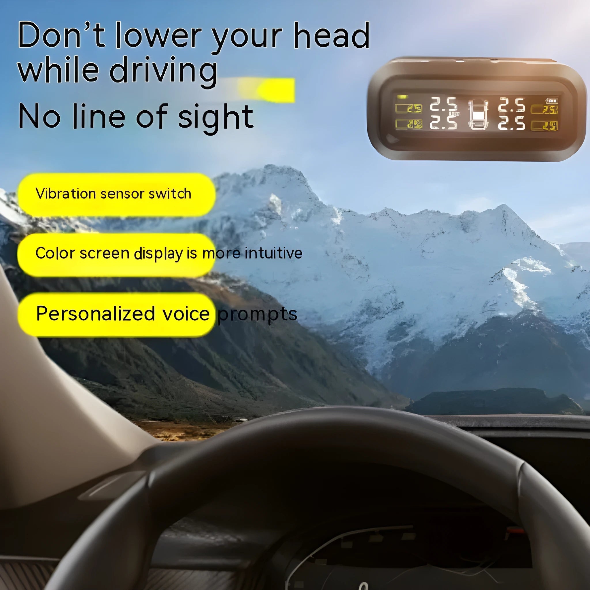 Solar wireless car tyre pressure monitoring system with colour screen display and four external sensors.