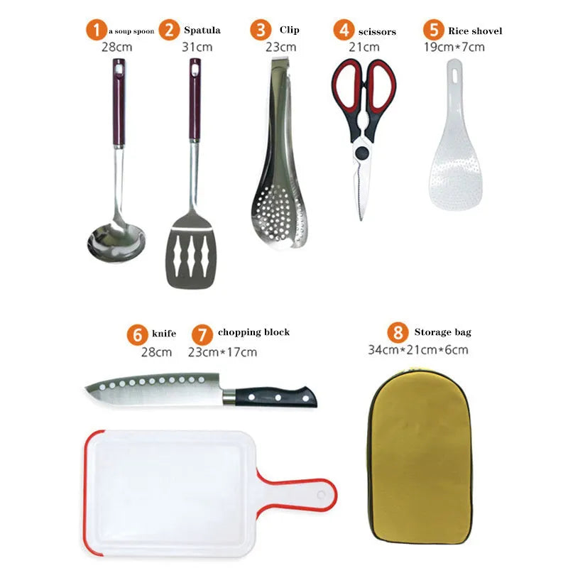 8-piece stainless steel camp kitchen cooking utensil set in black Oxford storage bag on green background