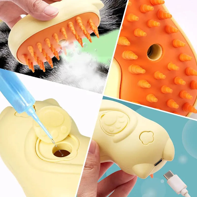Handheld 3-in-1 steam pet grooming brush for cats and dogs on a white background.