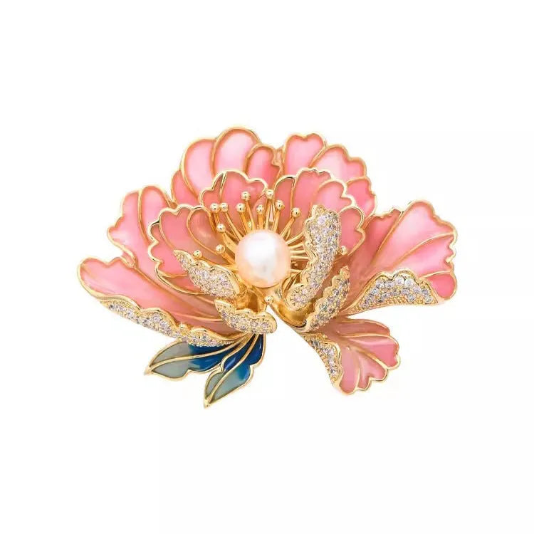Women's Chinese-style peony brooch in alloy with dripping oil finish, blue court peony colour