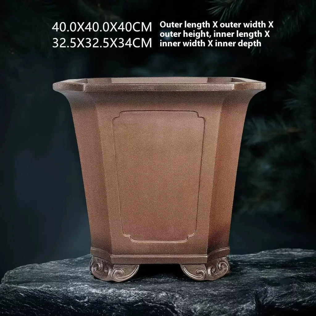 Ceramic antique redware flowerpot purple sand finish 40x40x40cm on a wooden table